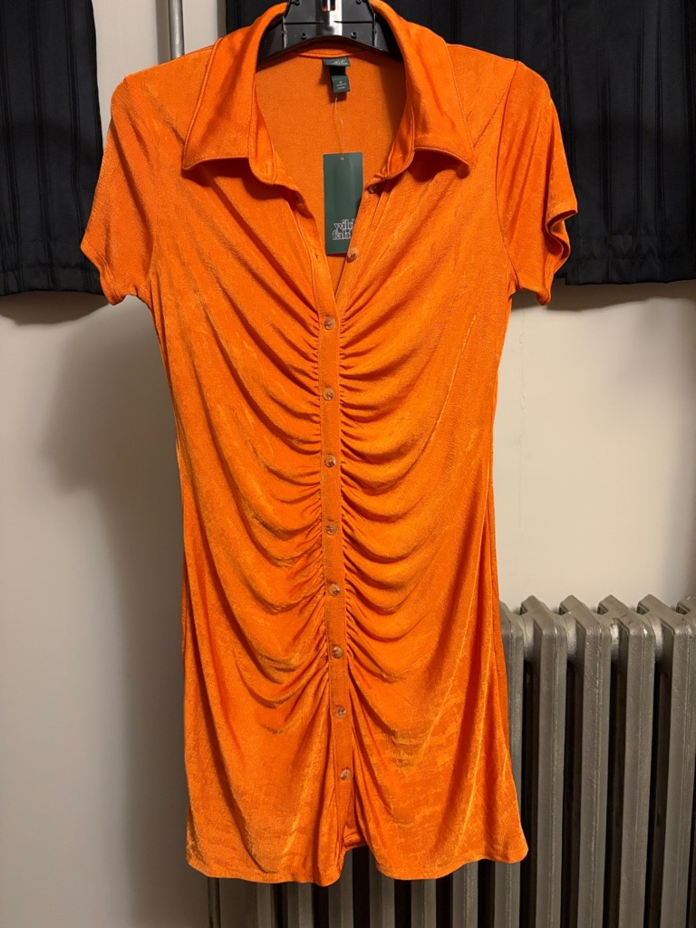 Orange Ruched Button-Front Dress